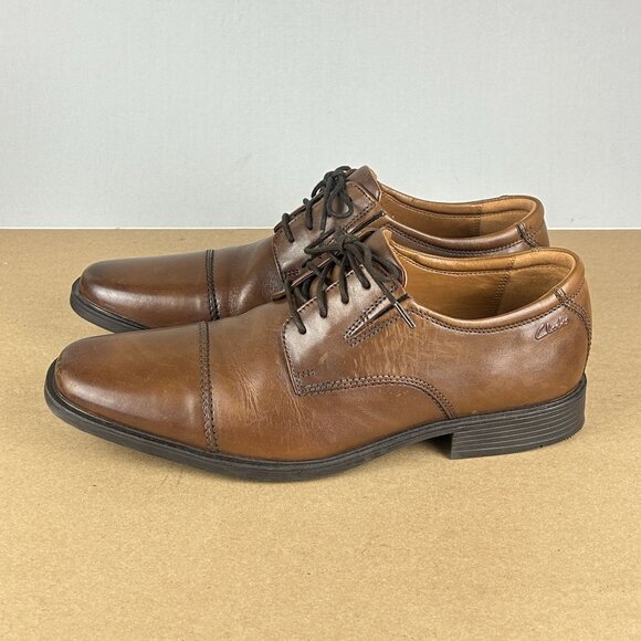 Clarks Tilden Cap Toe Leather Oxford Shoes Mens 10 Brown Ortholite Cushioned - Picture 1 of 12